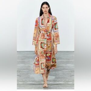 ZARA Midi Belted ZW COLLECTION Print shirt dress Mediterranean island inspired